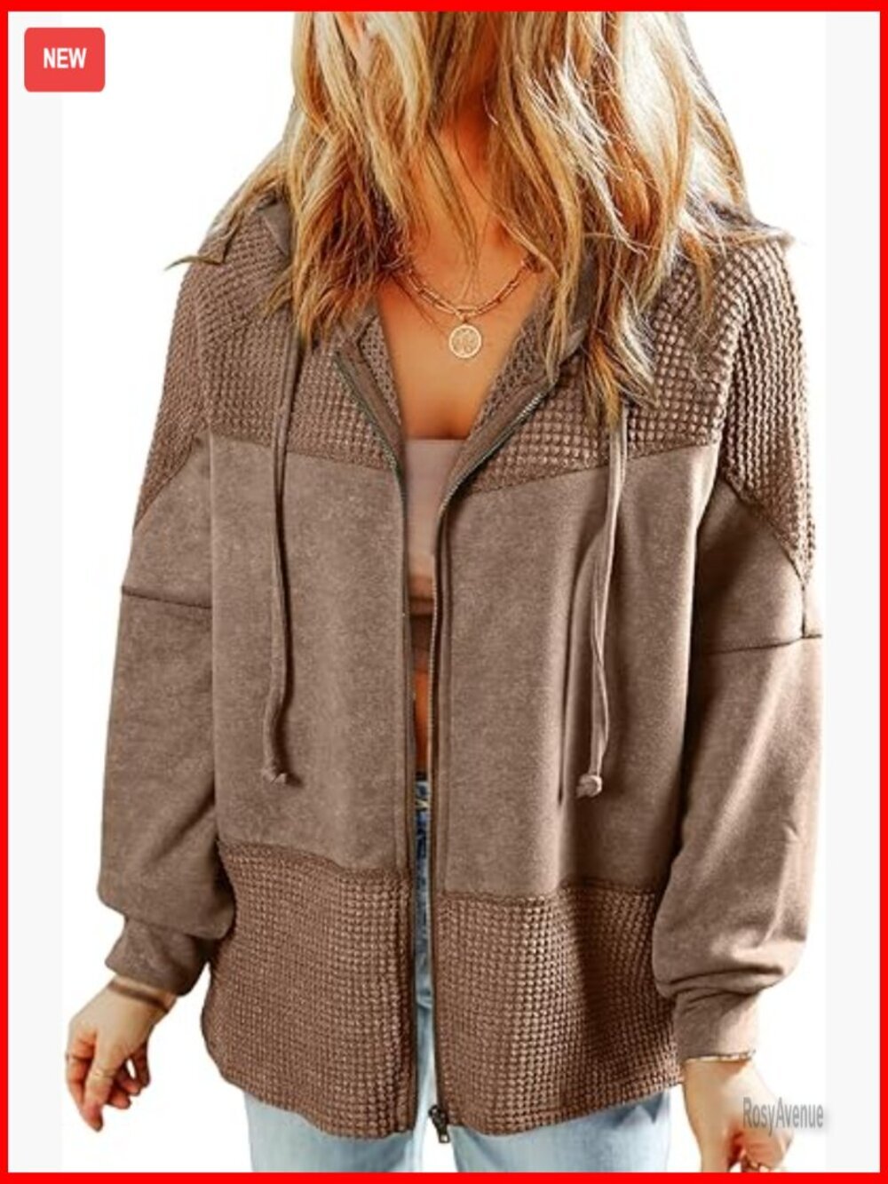 Waffle Knit Zip Up Hoodie Jacket Fall Casual Drawstring Long Sleeve